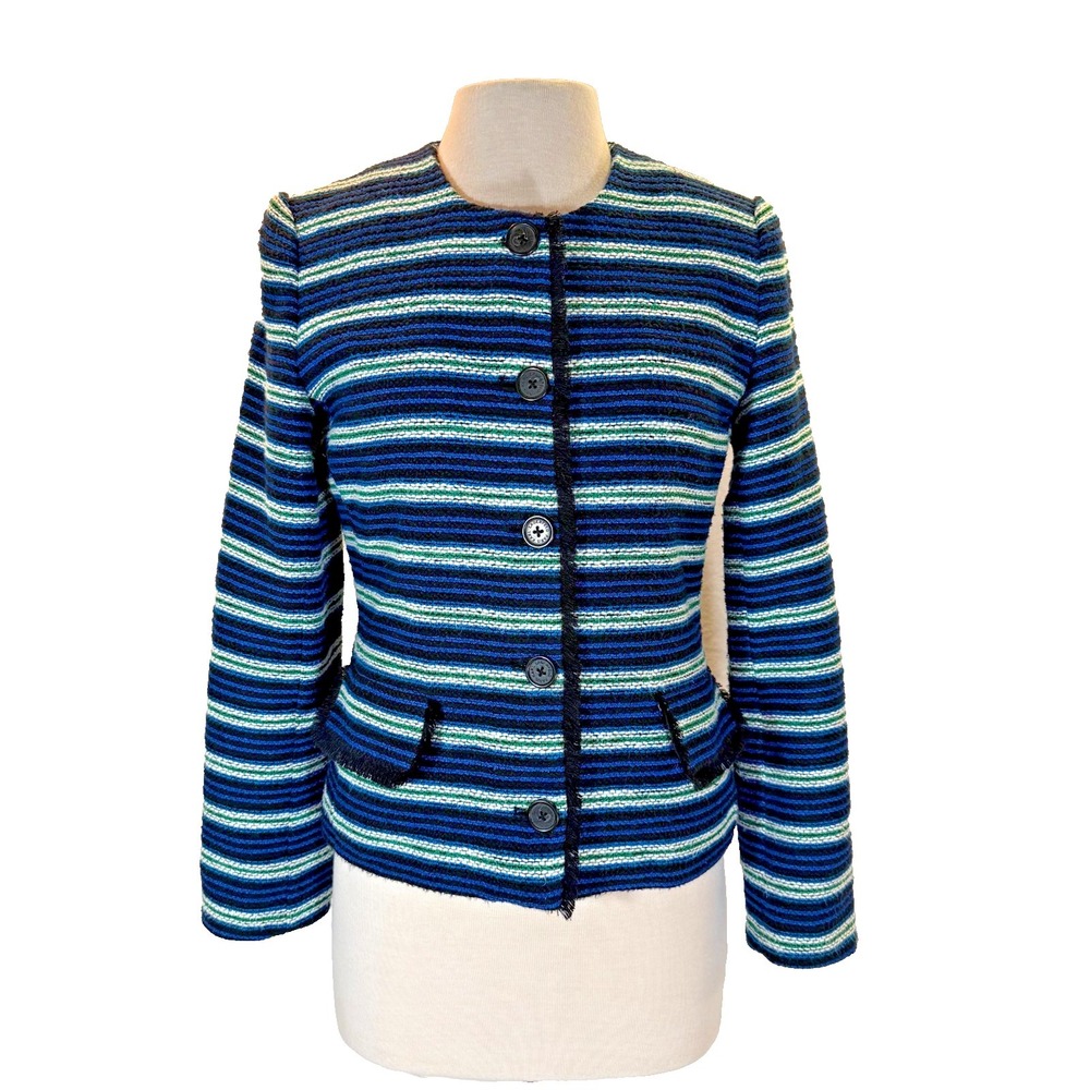 Karl Lagerfeld Paris Classic Blue Multi Stripe Tweed Jacket Sz 6 Fringe Trim